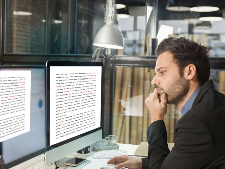 Zamyślona osoba czyta dokument na komputerze